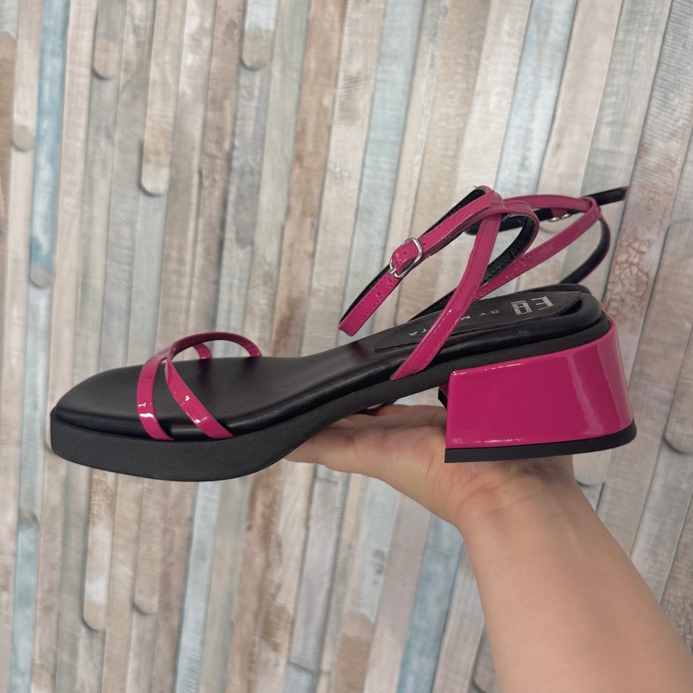E8 Miista 38 7.5 Rosalyn Pink Patent Strappy Block Heel Sandals Square Toe 90s
